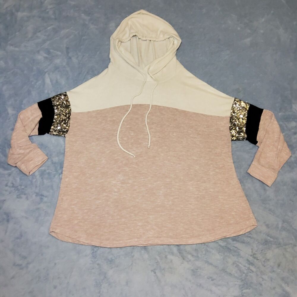 Chance Or Fate Womens 2X Colorblock Hooded Shirt Sequin Sleeve Striped Pullover